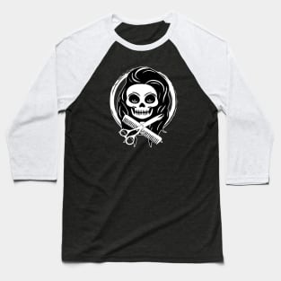 Female Hairstylist Skull and Hairdressing Tools White Logo Baseball T-Shirt